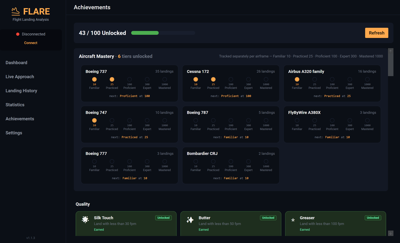 FLARE Achievements view — 43/100 unlocked, with the per-aircraft Aircraft Mastery 5-tier ladder (Familiar → Practiced → Proficient → Expert → Mastered) for every airframe you fly.