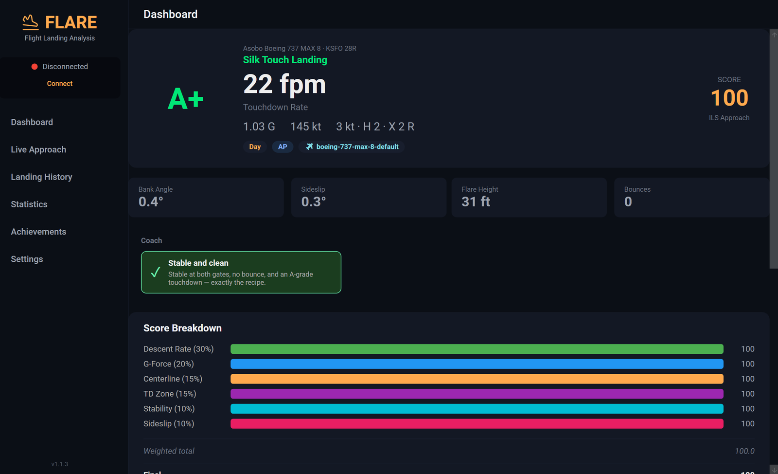 FLARE desktop dashboard: A+ grade, 22 fpm Silk Touch Landing on Asobo Boeing 737 MAX 8 at KSFO, with full score breakdown bars.