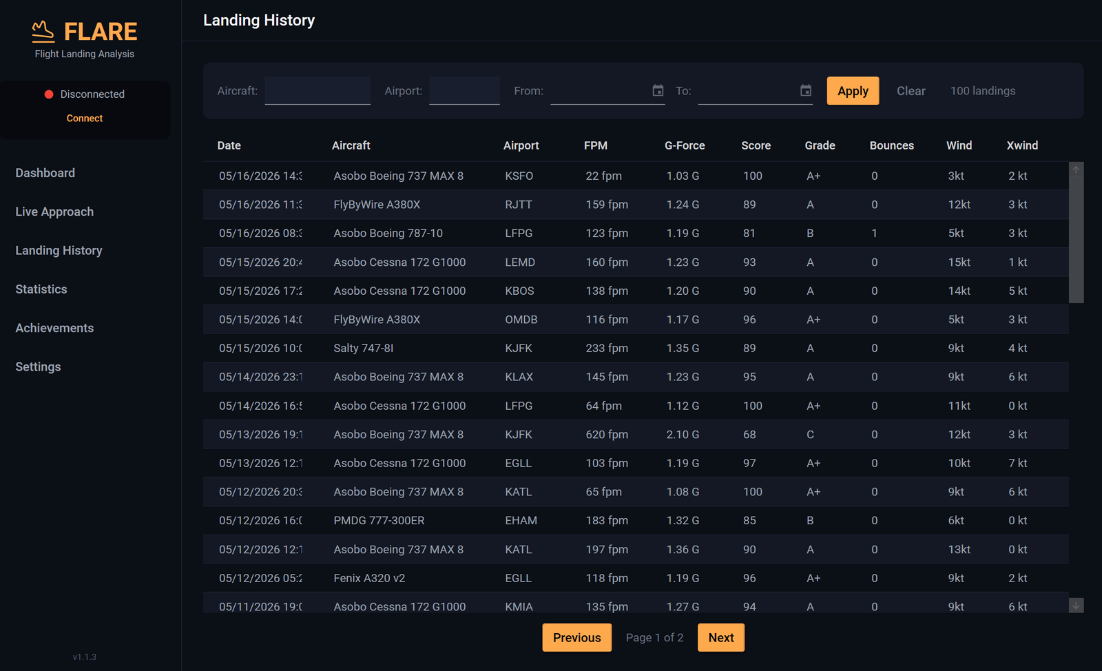 FLARE desktop Landing History — sortable table of recent touchdowns across multiple airframes and airports with FPM, G-force, score, and grade columns.