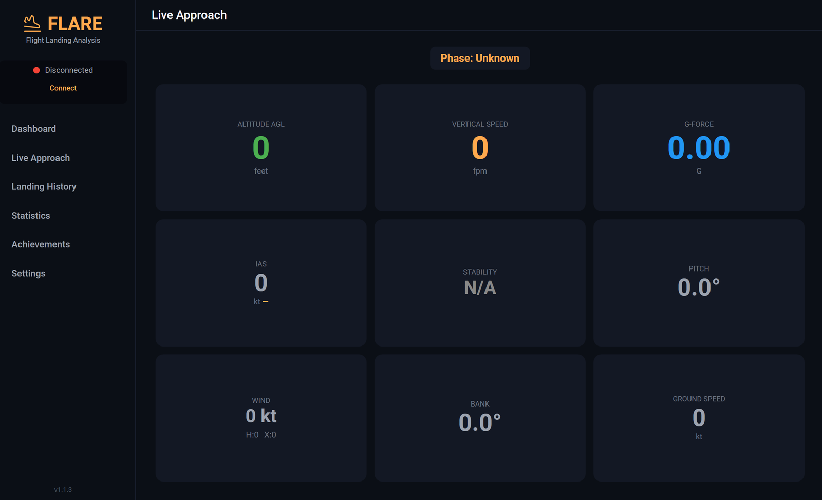 FLARE's standalone Live Approach window — altitude, vertical speed, airspeed, pitch, sideslip, bank, and ground speed updated continuously as you fly the approach.